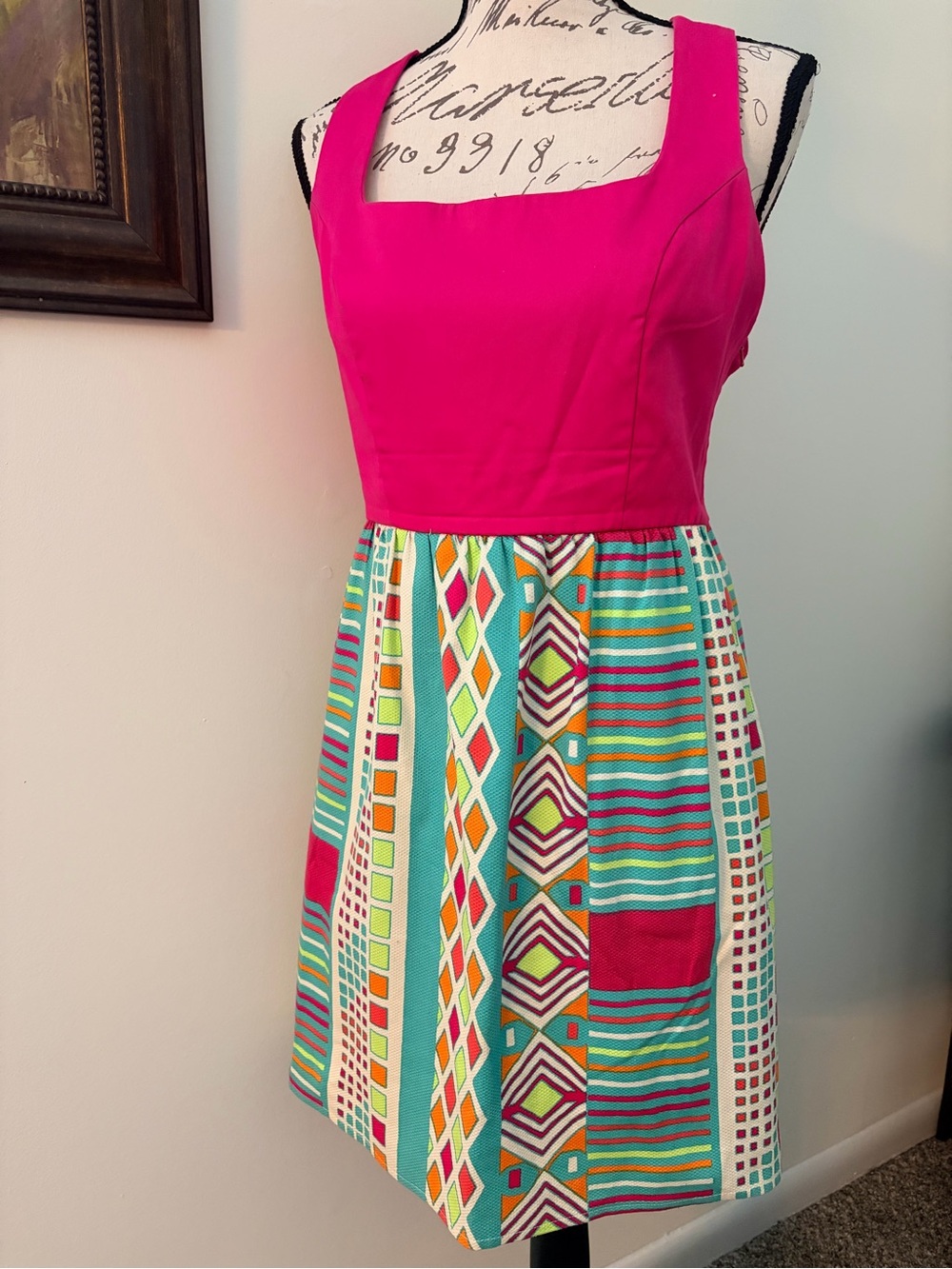 Judith March Bright Pink Sleeveless Dress with Multicolor Geometric Skirt